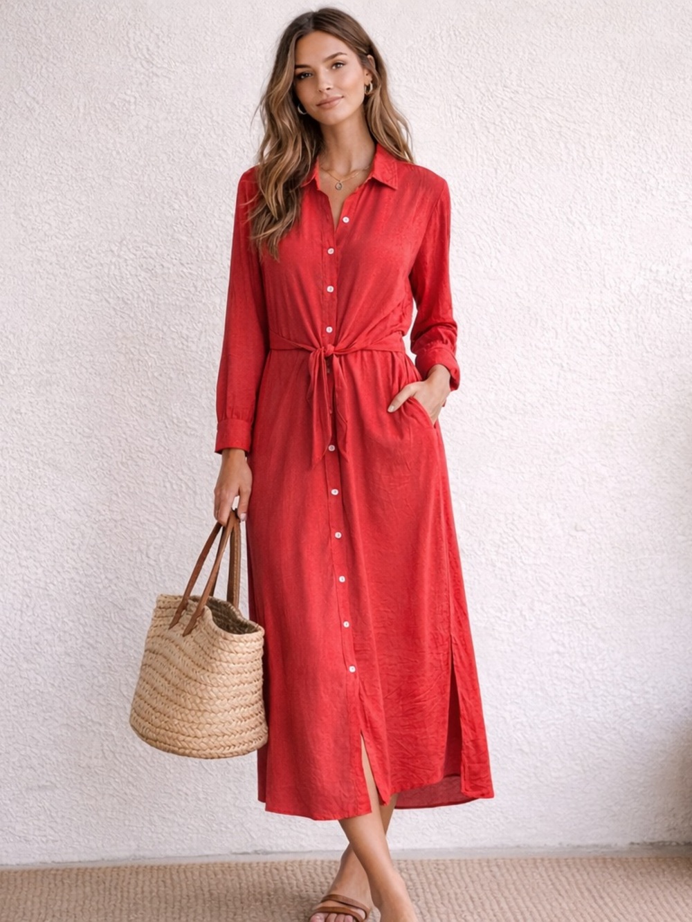 LOFT Size 4 coral Tie Waist Midi Shirt Dress Button Front Lightweight Resort